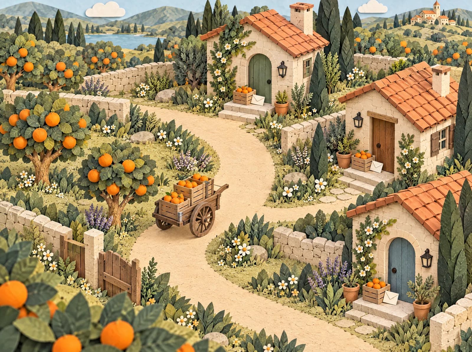 A cut-paper cart carrying crates of oranges down a path to three cottages, a crate already on each doorstep