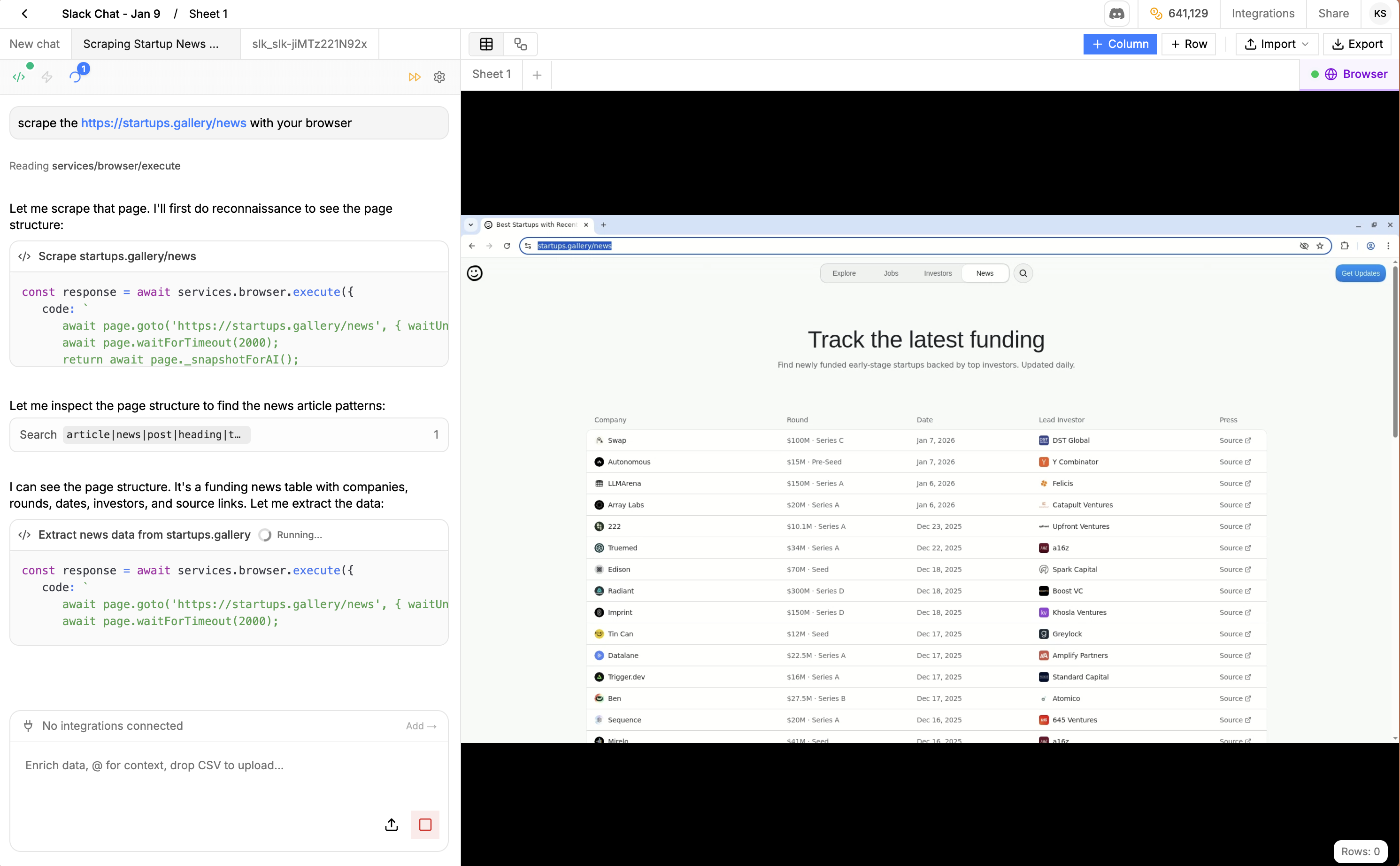 Browser agent scraping startup funding data