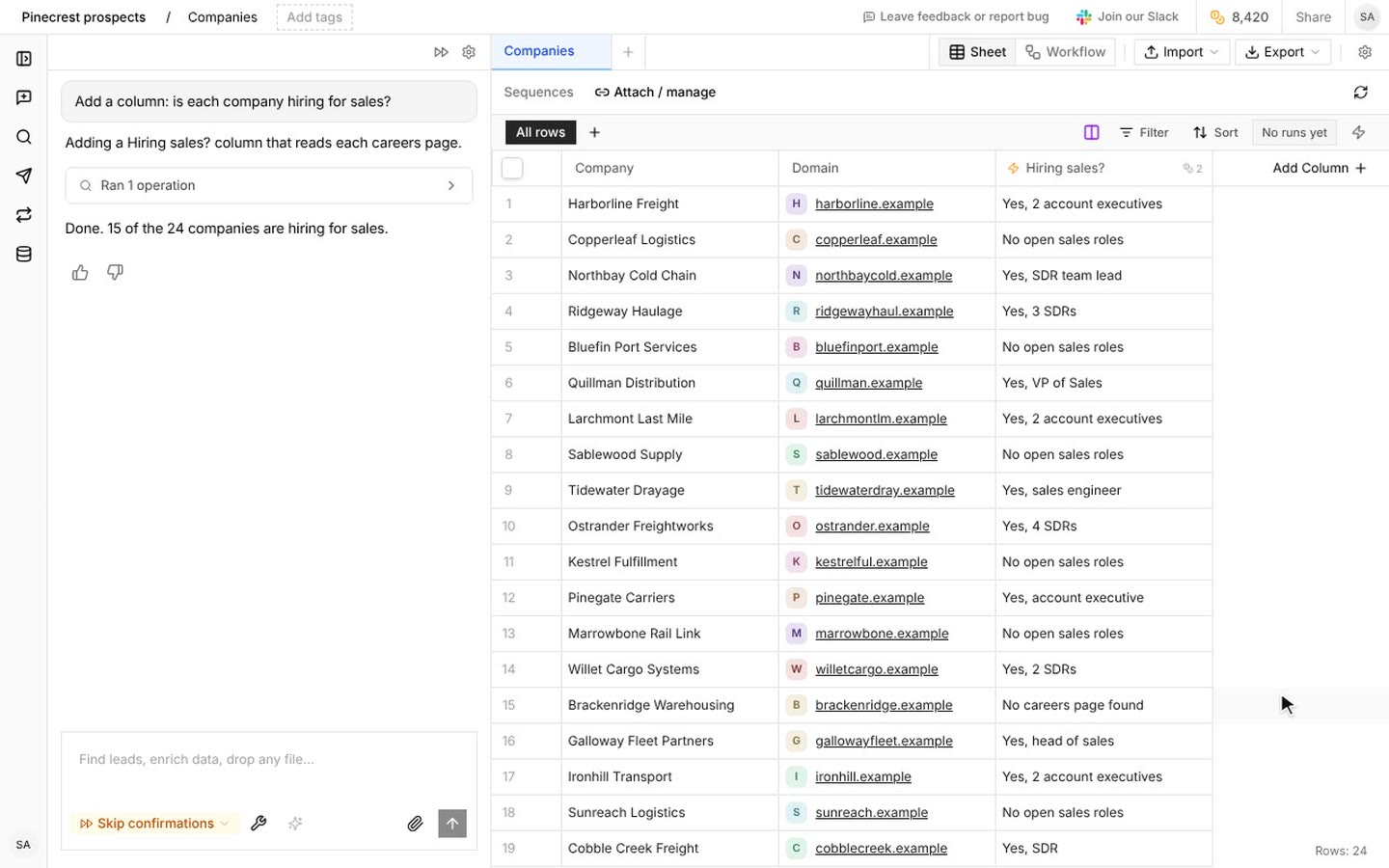 A new column checks each company's careers page for open sales roles and fills in row by row.
