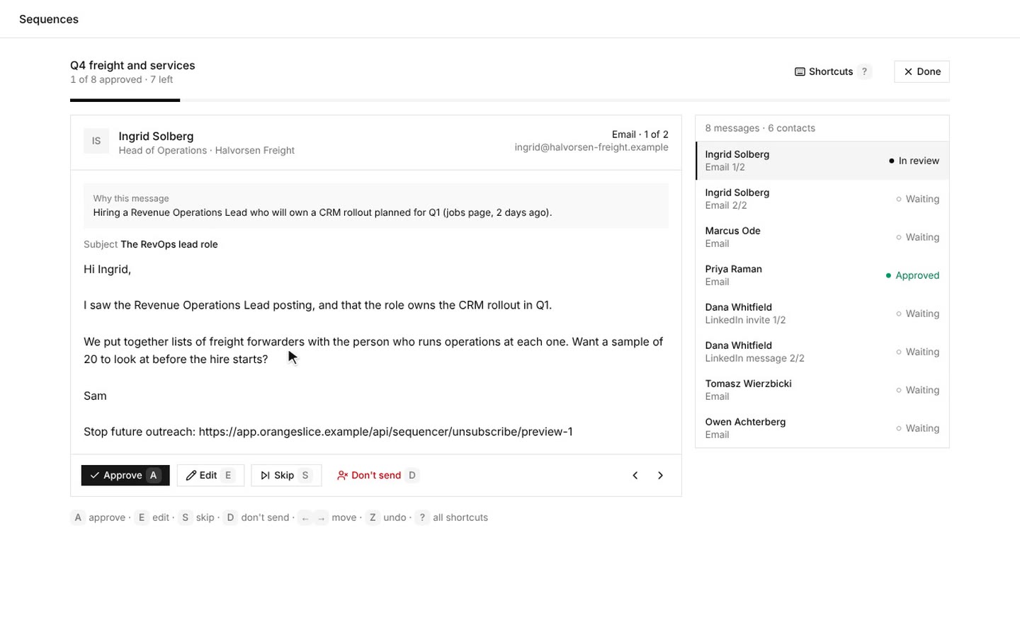 Drafted emails shown for review, each with the reason it was written, and approved one at a time.